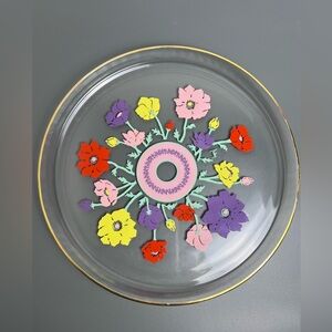 VTG Duralex Colorful Floral Serving Plate Gold Rim Signed Audrey Made in France